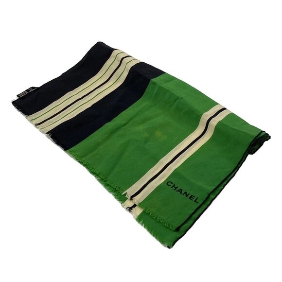 Auth CHANEL - Green Cream Navy Silk Scarf - Picture 14 of 14
